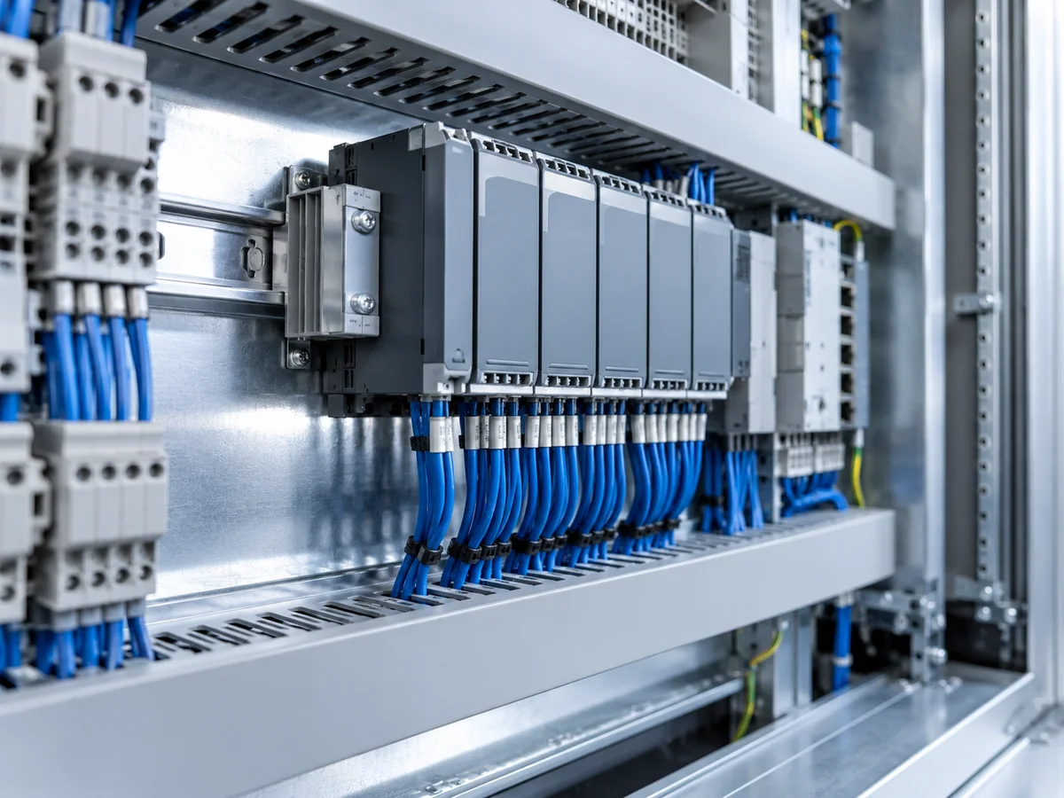 Illustrative industrial control cabinet with automation components and wiring.