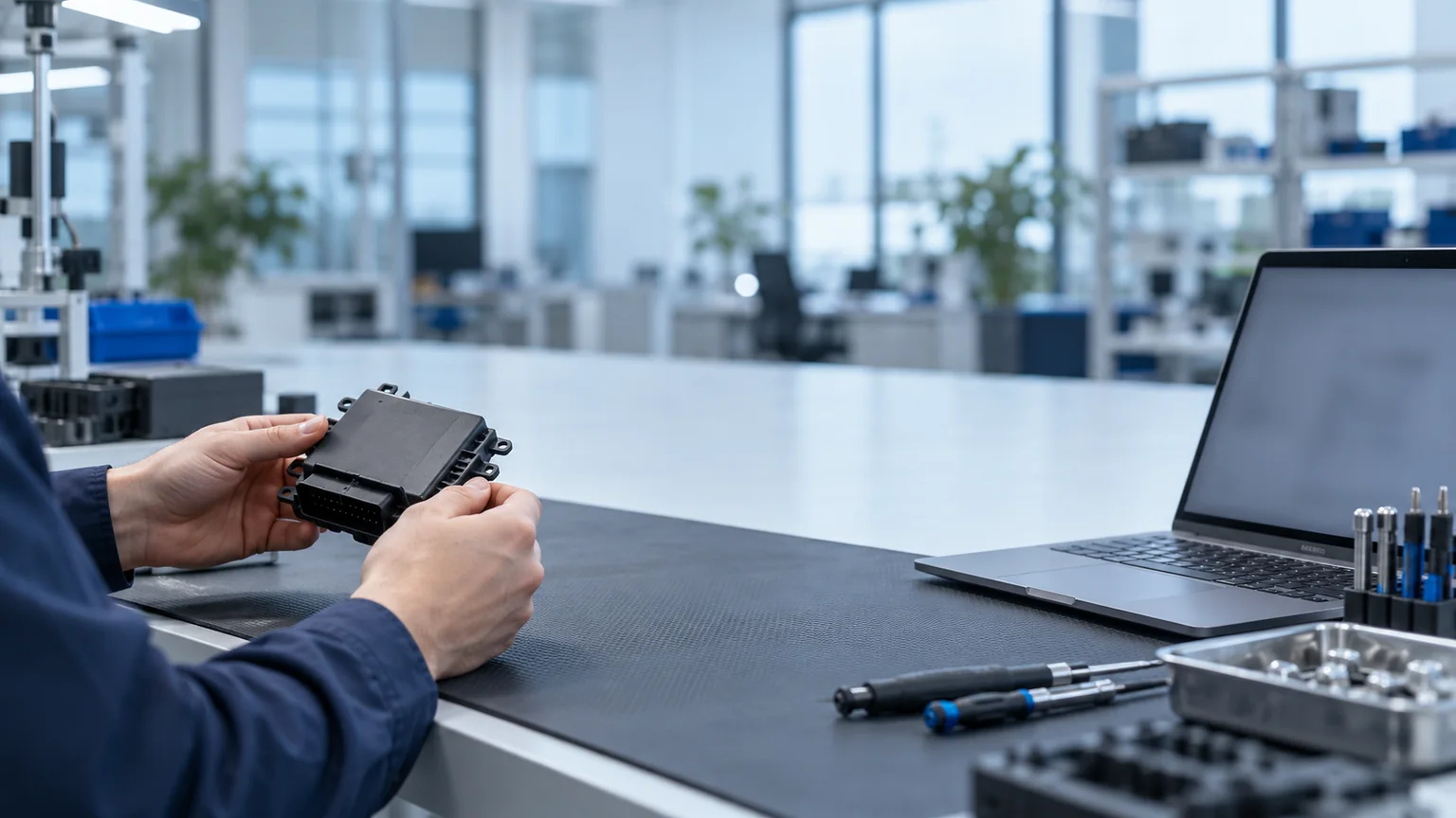 Illustrative scene of an automation component being checked beside a laptop.