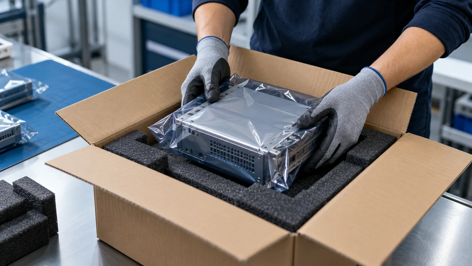 Illustrative scene of protective packaging for electronic modules.